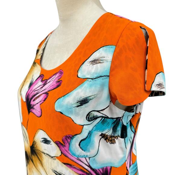Chico’s Sz 00 PETITE Reversible Orange Tropical Floral Cheetah Print Shift Dress - Picture 6 of 15